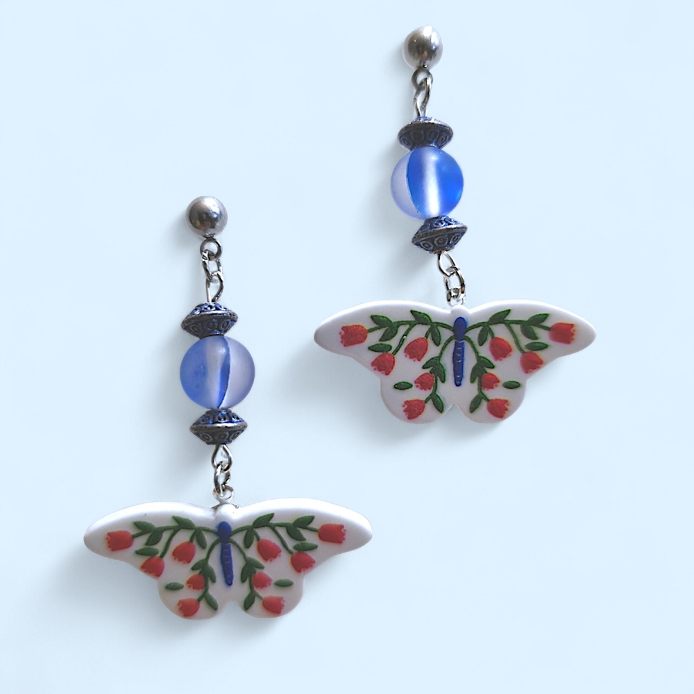 Spring Garden Tulip Butterfly Mixed Media Earrings - Picture 3 of 3